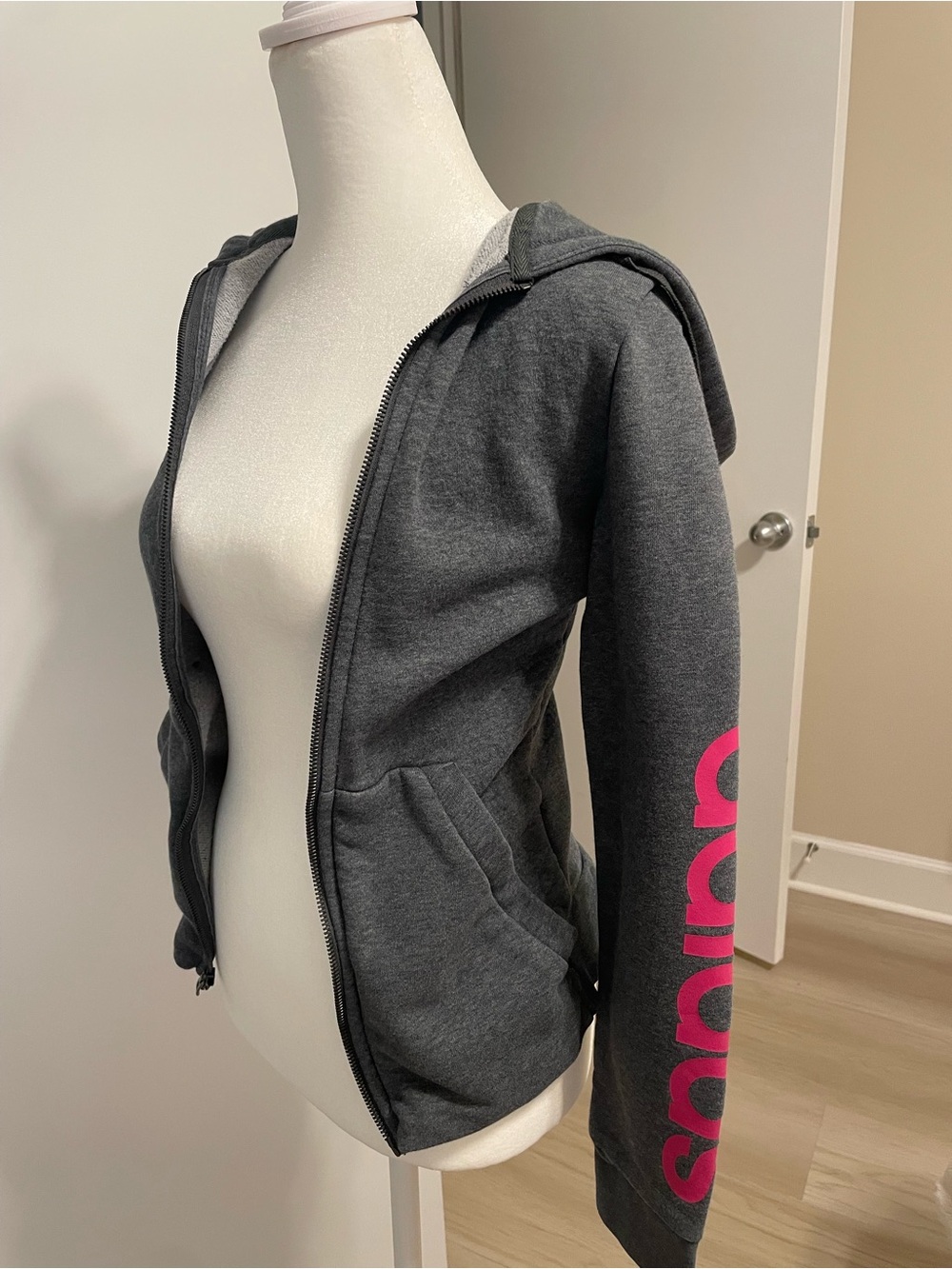 adidas Dark Gray Zip-Up Hoodie with Pink Sleeve Logo